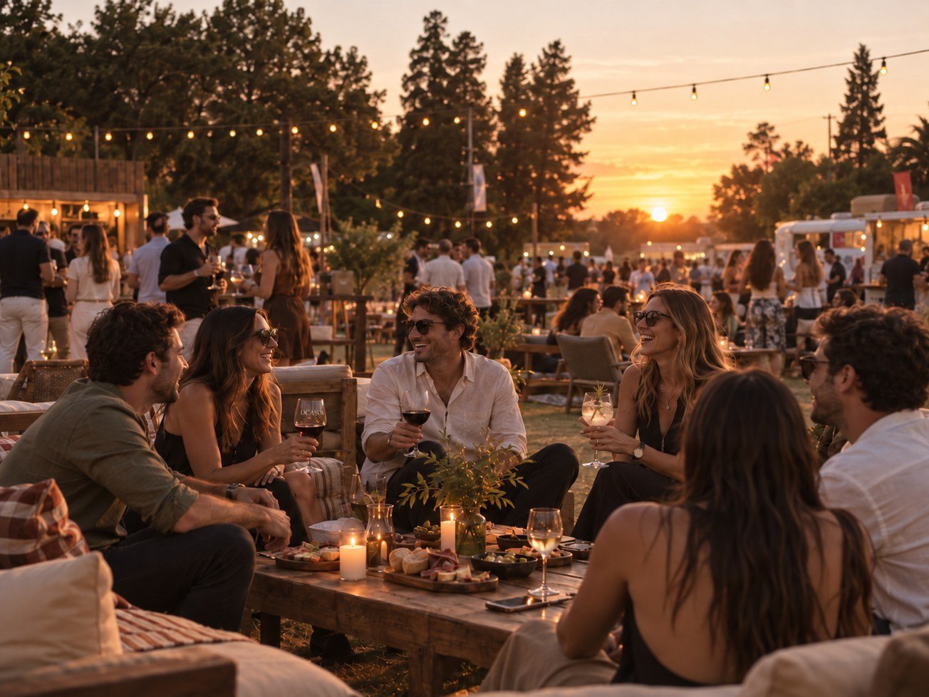 Mesa al aire libre al atardecer, con amigos compartiendo vinos y comida.